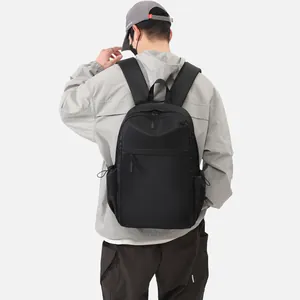 Minimalist black waterproof laptop backpack for men with side drawstring pockets