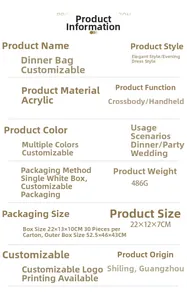 Detail specifications of acrylic evening clutch bag with dimensions and weight info
