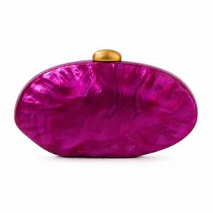 Fuchsia marbled acrylic shell clutch bag for women with golden spherical metal clasp
