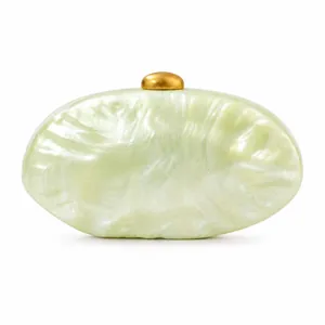 Elegant shell-shaped acrylic clutch bag with pearlescent green finish and gold clasp lock