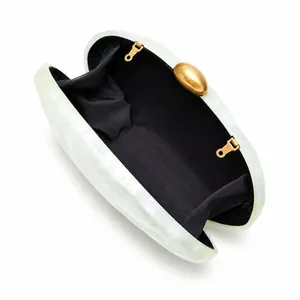 Pearlescent white seashell clutch bag with gold oval buckle for weddings and parties