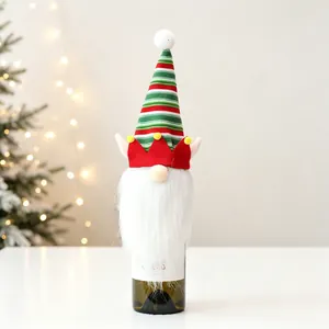 Christmas Gnome wine bottle cover with striped knit hat and white beard decoration