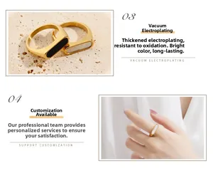 Detailed view of gold plated titanium steel rings with black and white shell inlays