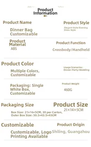 Size specifications chart for ABS flower evening clutch bag with chain strap dimensions