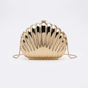 Shell Shaped Evening Clutch Bag Metallic Electroplated ABS Hard Shell Wedding Party Purse With Chain Strap For Women