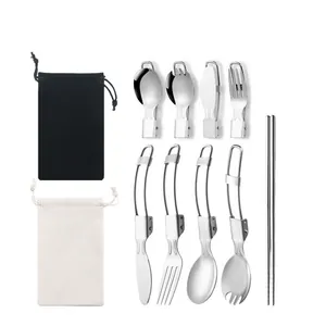 Portable stainless steel folding cutlery set with spoons, fork, knife and storage pouches