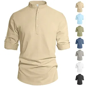 Detail of mandarin collar henley shirt with three buttons in premium linen cotton fabric
