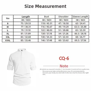 Detailed size chart for men's linen long sleeve shirt with metric and imperial measurements