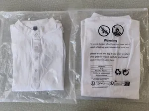 Detail of white cotton linen shirt with stand collar folded in transparent PE packaging