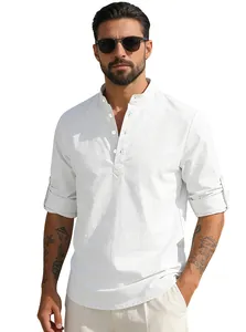 Detail of white cotton linen shirt showing mandarin collar and four-button placket