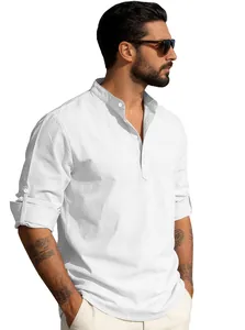 Detail of white cotton linen shirt showing stand collar and roll-up sleeves button