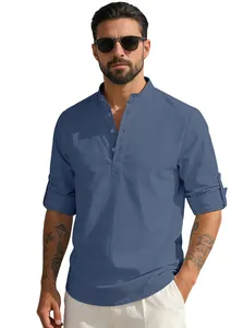 Detail of navy blue linen shirt showing the stand collar and breathable fabric texture
