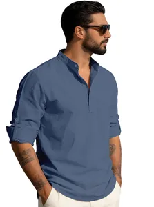 Detail of grey-blue linen shirt featuring a mandarin collar and adjustable button sleeves