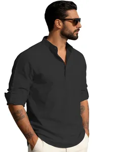 Men's black linen shirt with stand collar and adjustable long sleeves for casual style