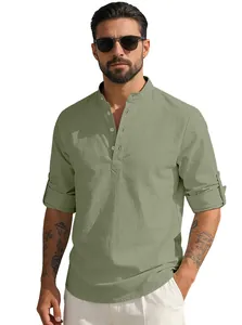 Detail of men's casual linen shirt with mandarin collar and roll-up sleeves in olive green