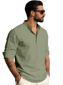 Detail of men's sage green linen shirt featuring a mandarin collar and roll-up sleeves