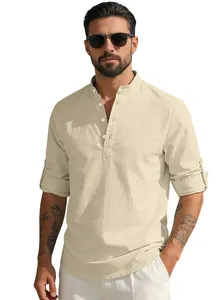 Detail of men's linen henley shirt with rollup sleeves and textured beige fabric