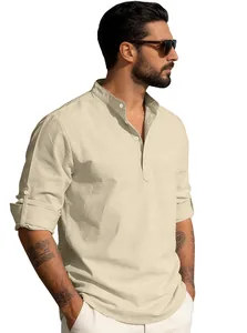 Close-up of beige cotton linen shirt with mandarin collar and three-button placket