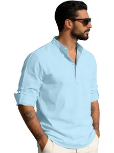 Close-up of light blue cotton linen shirt detailing mandarin collar and half-button placket