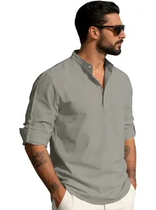 Detail of grey men's linen long sleeve shirt featuring a stand collar and buttoned cuffs