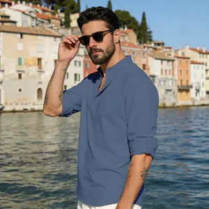 Men's navy cotton linen long sleeve shirt with mandarin collar and roll-up sleeves