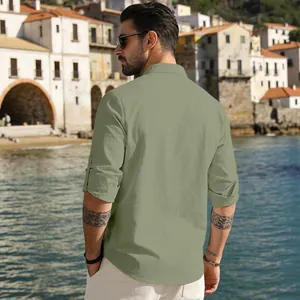 Back view of men's casual sage green linen shirt with roll-up long sleeves and stand collar