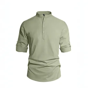 Men's sage green cotton linen henley shirt with stand collar and rolled long sleeves