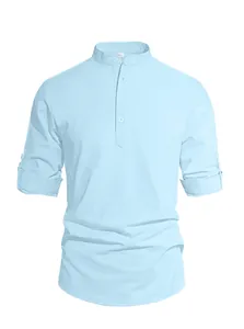 Light blue men's cotton linen Henley shirt with stand collar and buttoned sleeves