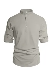 Men's loose linen henley shirt in taupe gray color with stand collar and long sleeves