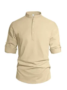 Beige men's cotton linen long sleeve shirt with mandarin collar and henley button detail