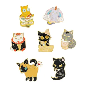 Set of 7 cute cartoon cat enamel pins featuring bubble tea and sushi cat themes