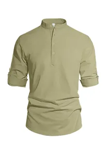 Men's khaki long sleeve linen shirt with stand collar and adjustable buttoned sleeves