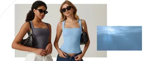 Detailed close-up of slimming square neck tank top in dark gray and light blue fabric