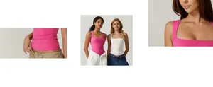 Detail view of the square neckline and hem of the slim-fit rose pink and white tanks
