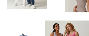 Detailed views of women's tight sports tanks in blue, pink, and taupe with chunky sneakers