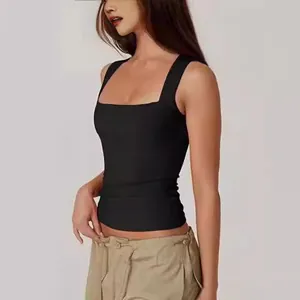 Detail of square neck black knitted camisole tank top with wide shoulder straps