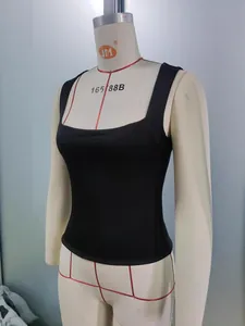 Slim fit black square neck tank top with wide shoulder straps on mannequin display