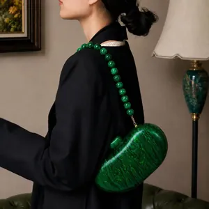 Green marble pattern acrylic evening clutch bag with beaded strap for women fashion