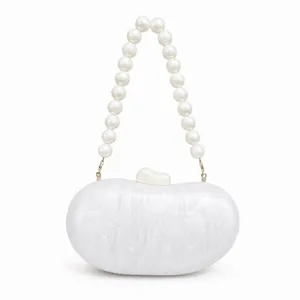 Elegant white acrylic bean clutch with marble texture and round pearl handle