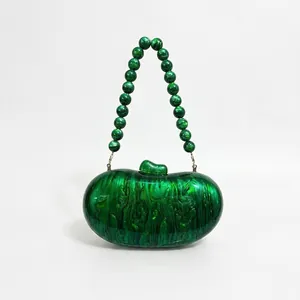 Acrylic Evening Bag Shell Shape Marble Texture Clutch With Bead Handle And Gold Chain Strap For Women