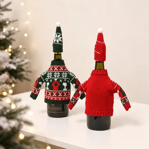 Christmas wine bottle cover set with mini knitted sweaters and hats in red and green colors