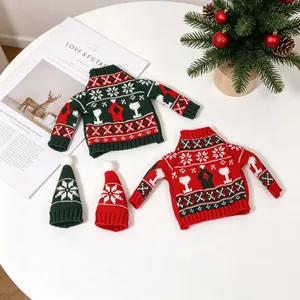 Christmas wine bottle cover set with knitted mini sweaters and hats for holiday table decor