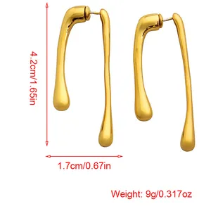 Minimalist gold teardrop earrings in liquid metal style, 4.2cm length with 925 silver pins