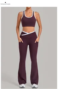 Detail of perfume purple yoga set with white contrast trim and high waist flare pants