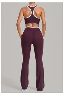 Detail view of plum purple yoga set featuring U-neck tank top and flared leggings