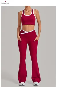 Detail of vintage red yoga set with white contrast trim and high waist flared pants