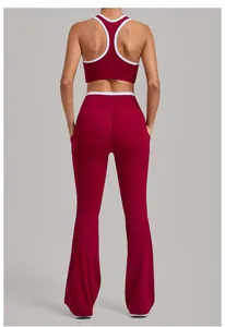 Rear view of burgundy yoga set with U-neck racerback tank and flared leggings with white trim