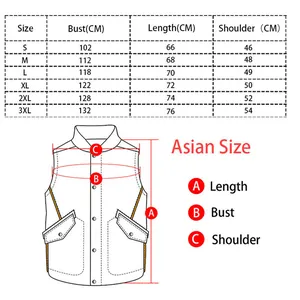 Detailed size chart for faux leather motorcycle vest from S to 3XL with measurements