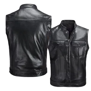 Front and back view of a black faux leather vest with zipper closure and flap pockets