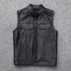 Men's black faux leather motorcycle vest with stand collar and metal button closure